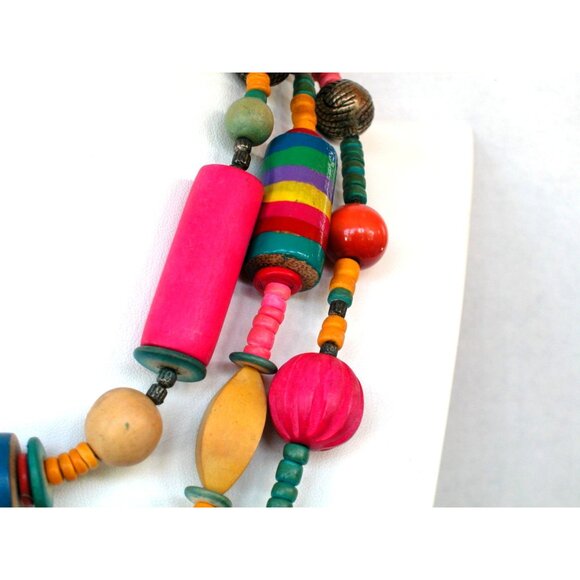 Multicolor Bohemian Style Wooden Beaded Necklace With Metal Accents - Picture 4 of 5